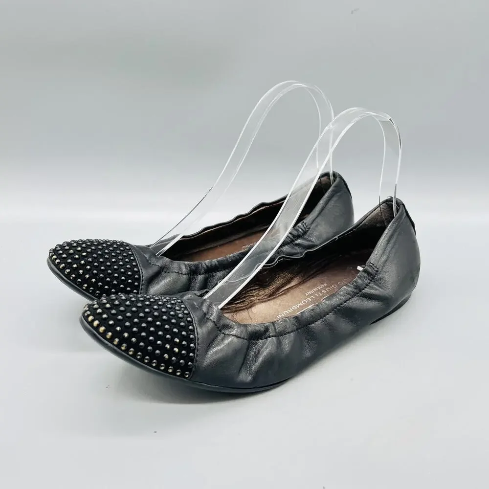 AGL Shoes Womens 9.5 Black Leather Studded Cap Toe Ballet Flats Slip On Comfort